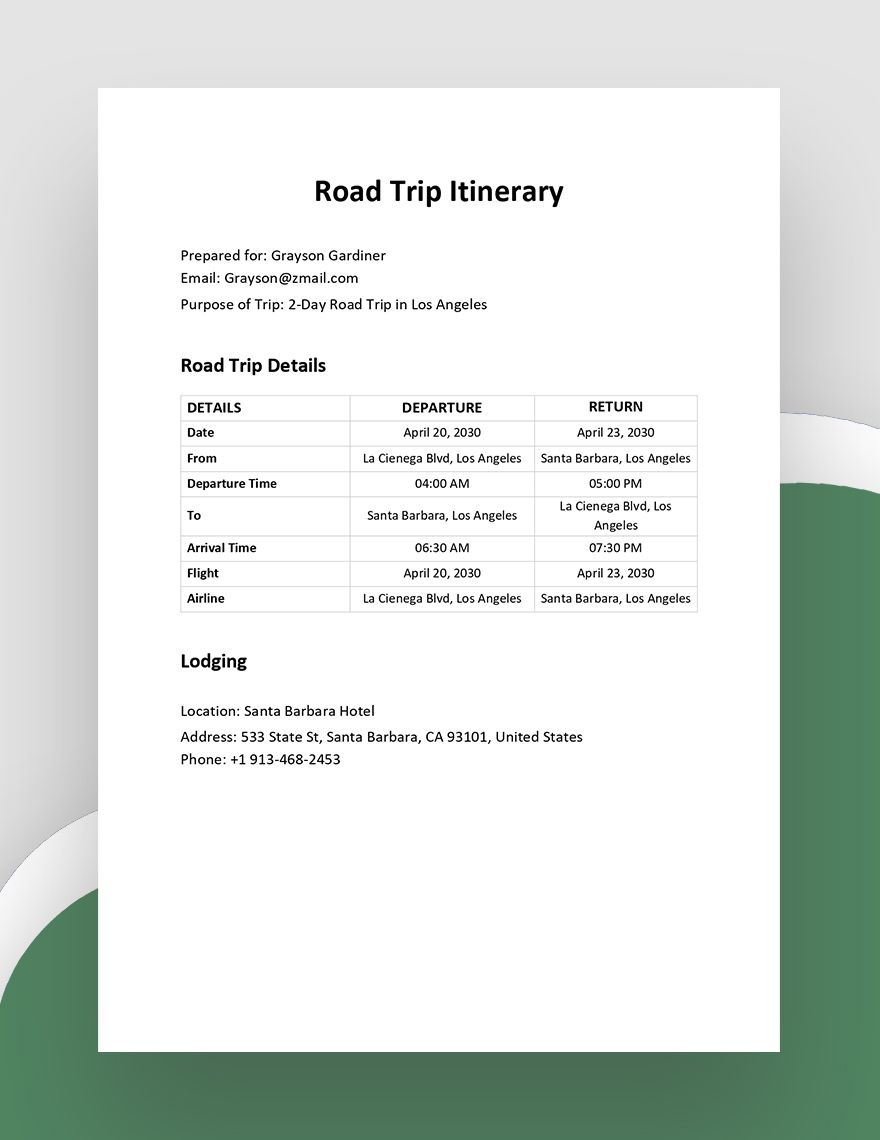 Road Trip Itinerary Template - Word, Google Docs | Template.net