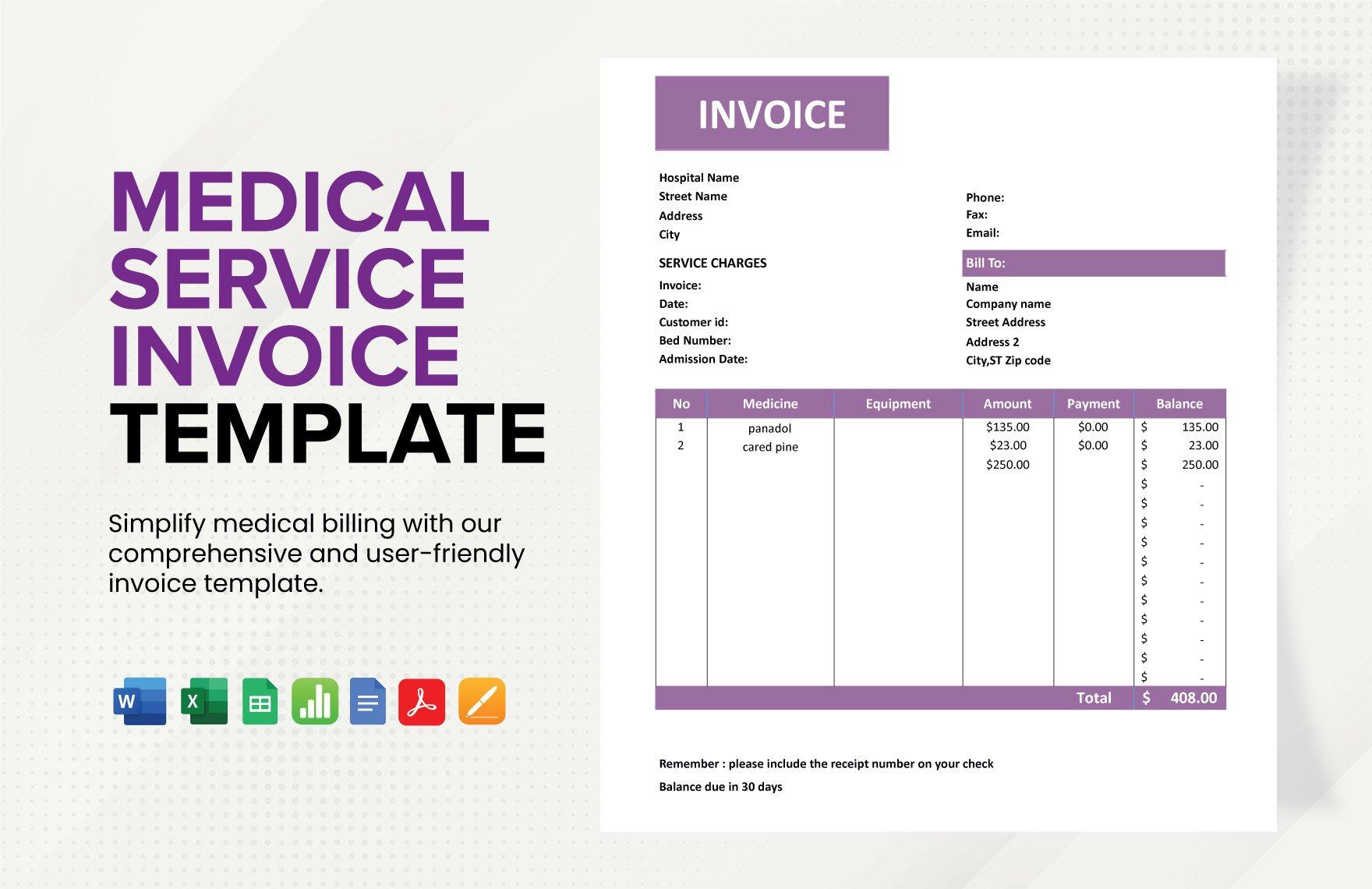 Medical Service Invoice Template in Word, Google Docs, Excel, PDF, Google Sheets, Apple Pages, Apple Numbers