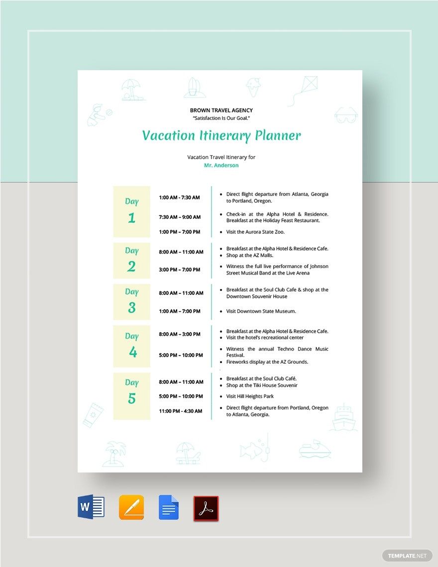 Vacatiion Itinerary Planner Template - Download In Word, Google Docs, Pdf,  Apple Pages | Template.Net