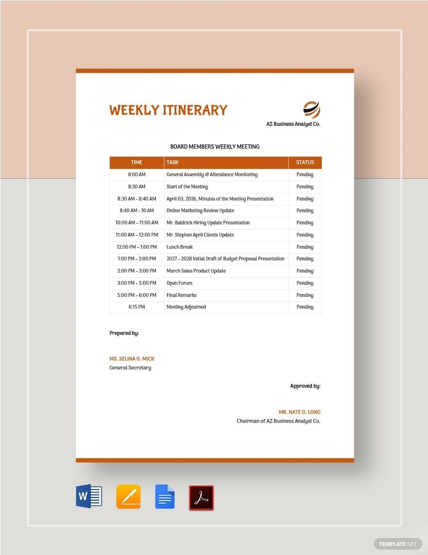 Weekly Itinerary Template Google Docs, Word