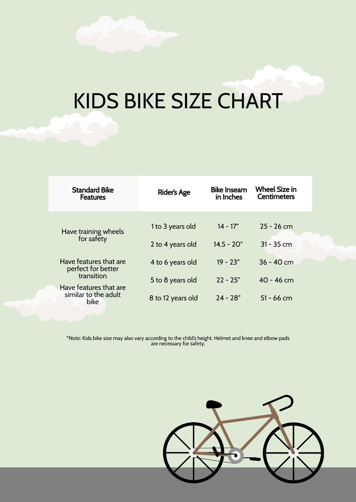 Free Kids Bike Size Chart Template