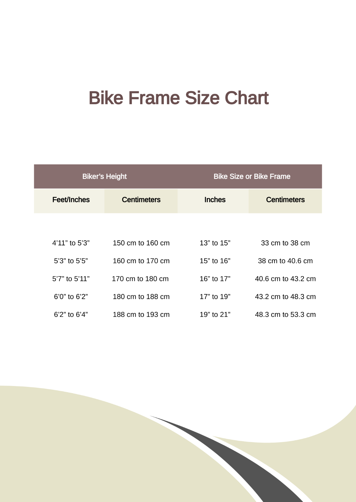 Free Bike Frame Size Chart Template