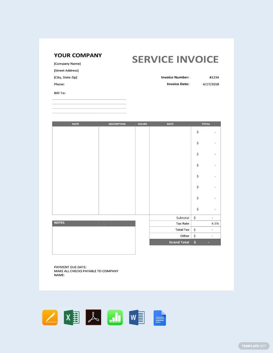 Sample Service Invoice Template in Google Docs, Google Sheets, Word, Excel, Pages, Apple Numbers, PDF - Download | Template.net