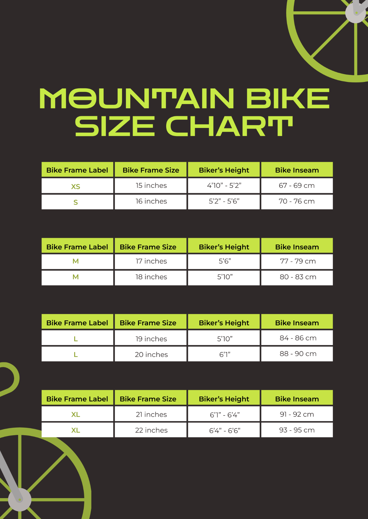 Mountain Bike Size Chart Template