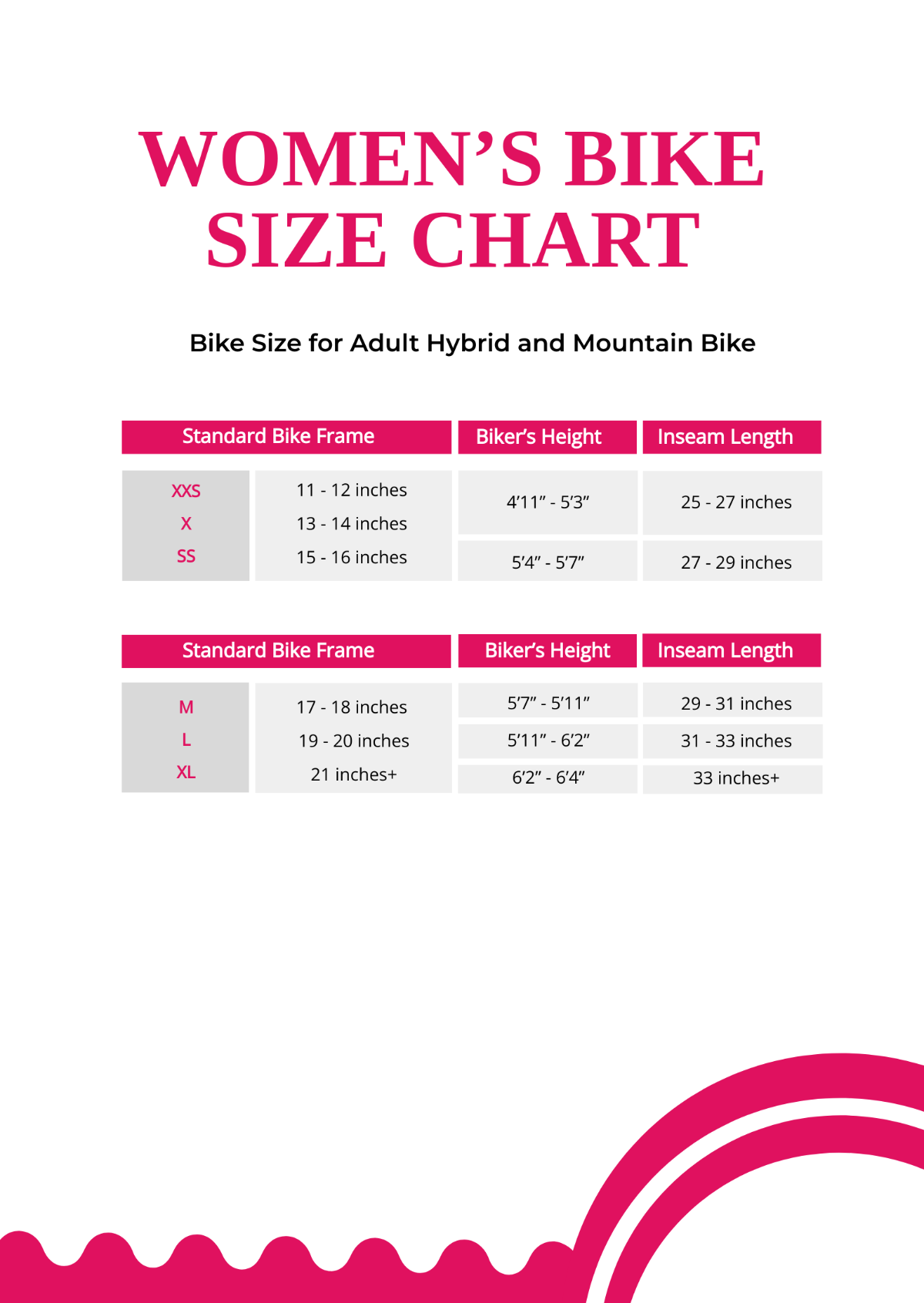 Women's Bike Size Chart Template