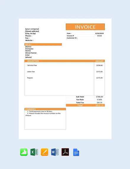 Free Simple Service Invoice Template Pdf Word Doc Excel Psd Apple Mac Pages Apple Numbers Illustrator