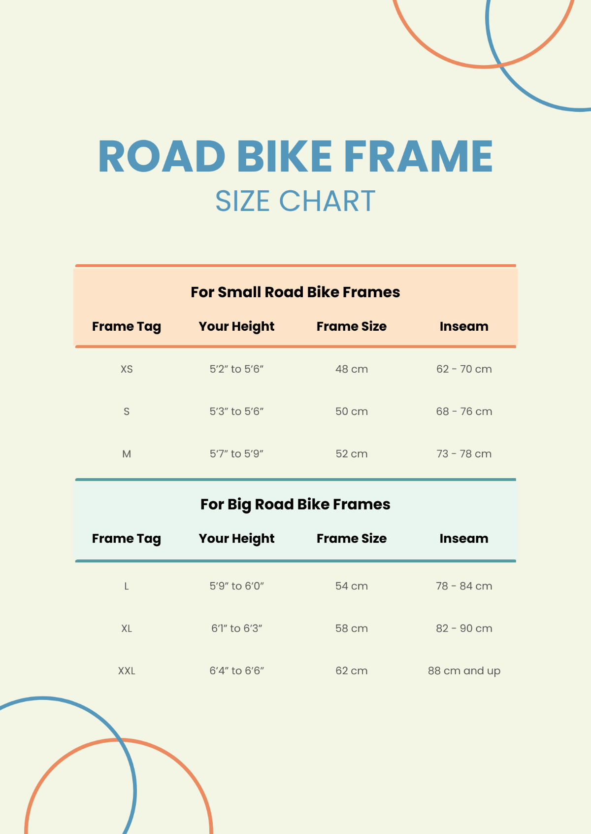 Free Road Bike Frame Size Chart Template