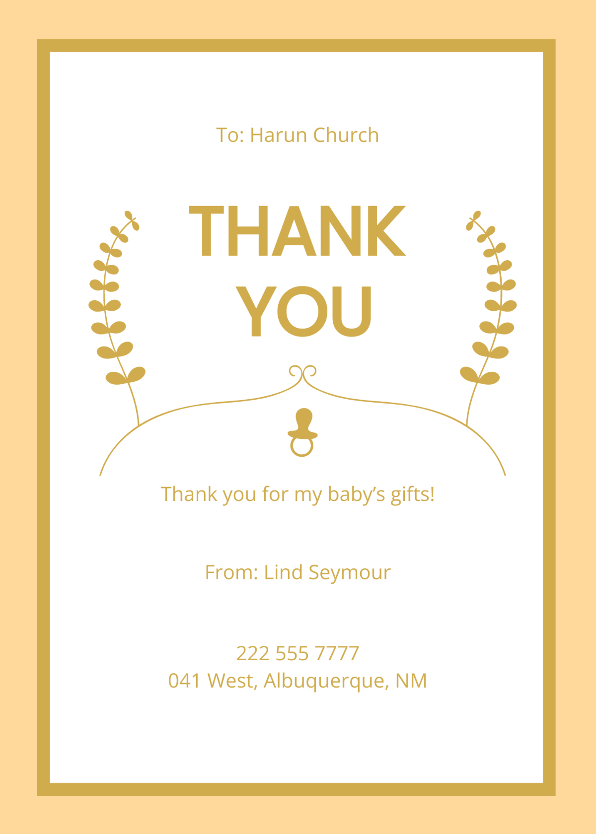 Golden Baby Shower Thank You Card Template