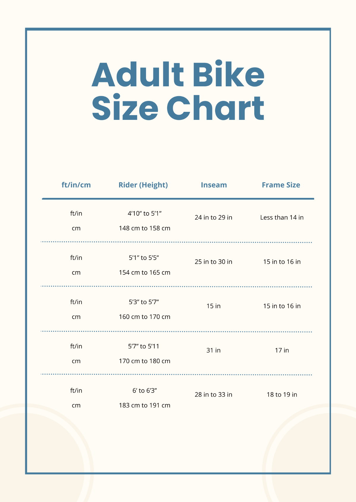 Free Adult Bike Size Chart Template