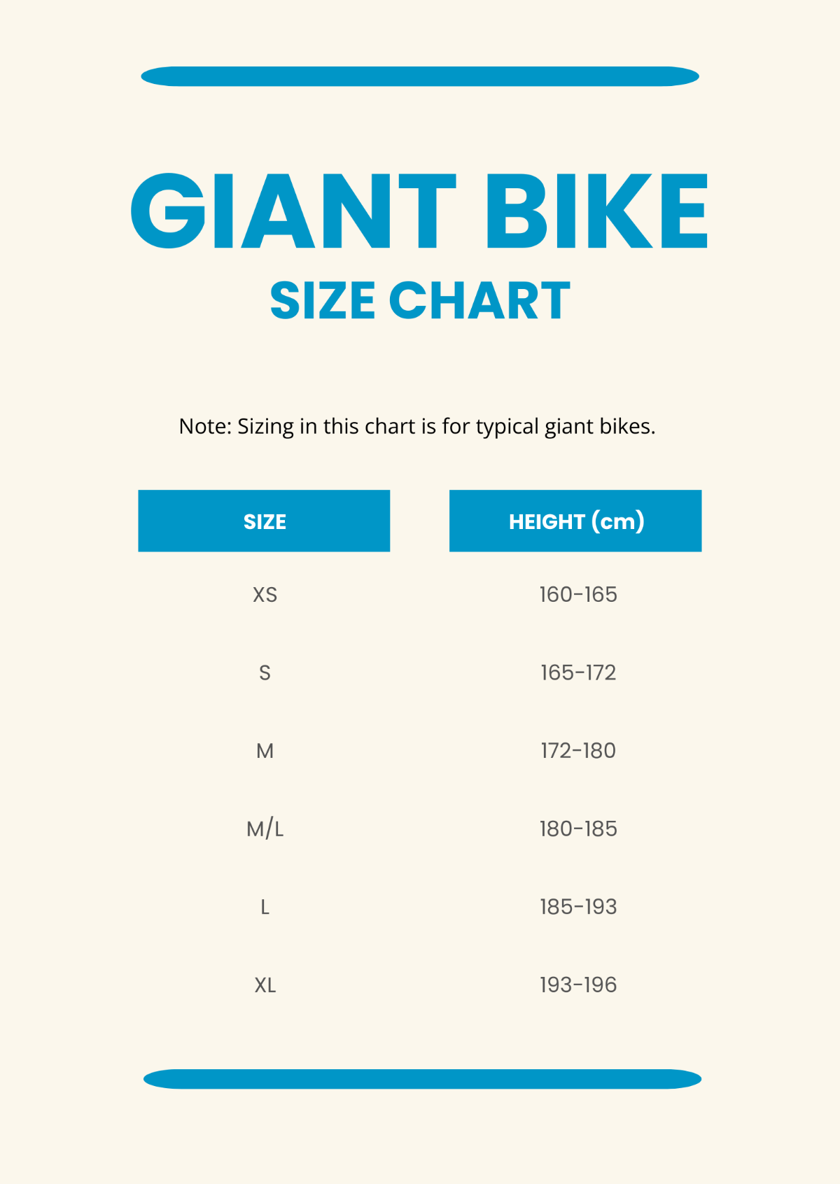 Free Giant Bike Size Chart Template