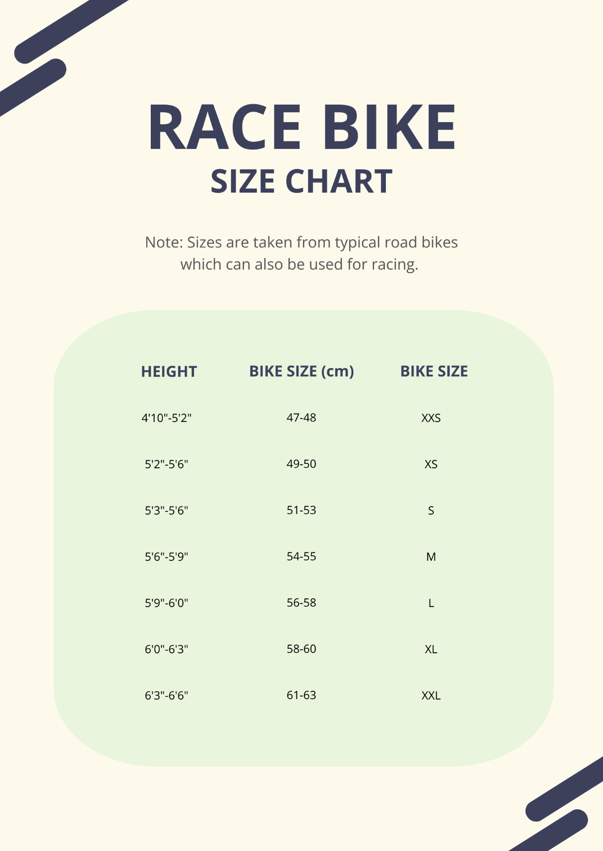 Race Bike Size Chart Template