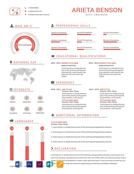 Professional Civil Engineer Resume Template - InDesign, Word, Apple Pages, PSD, Publisher