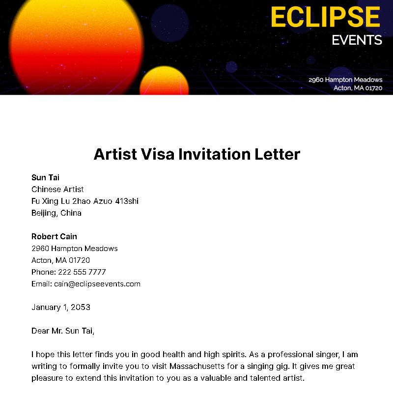 Artist Visa Invitation Letter Template