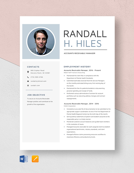 Free Accounts Receivable Manager Resume Template - Word, Apple Pages