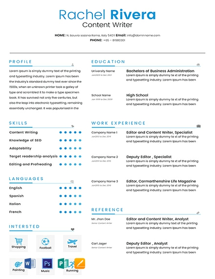 Content Writer Resume Template - Word, Apple Pages, PSD, Publisher