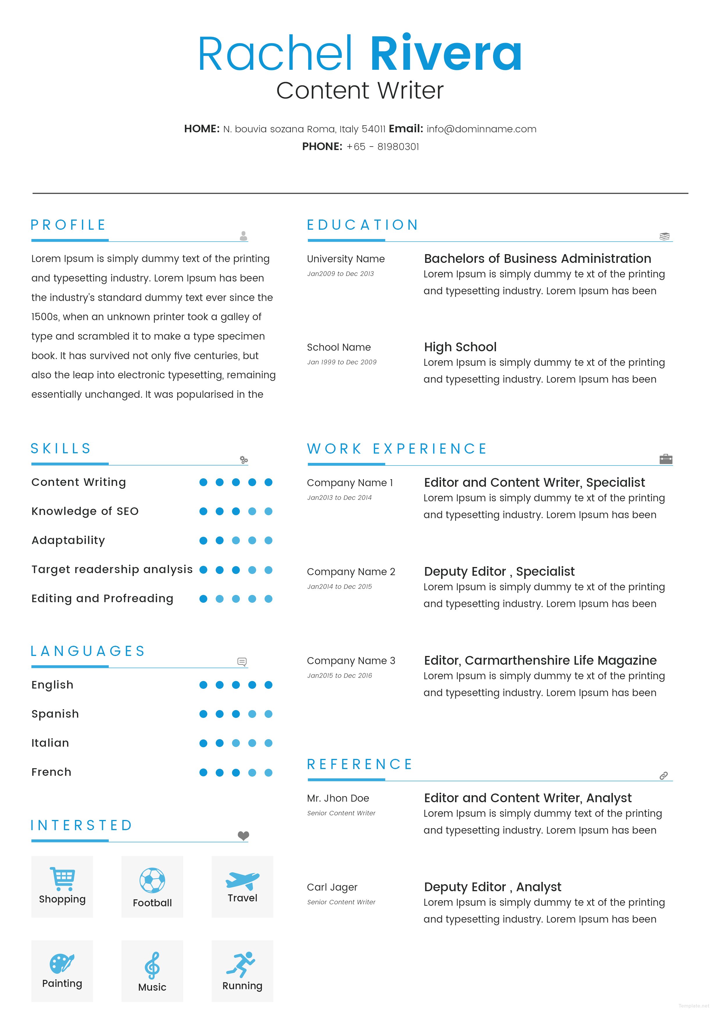 Free Content Writer Resume Template in Adobe Microsoft Word