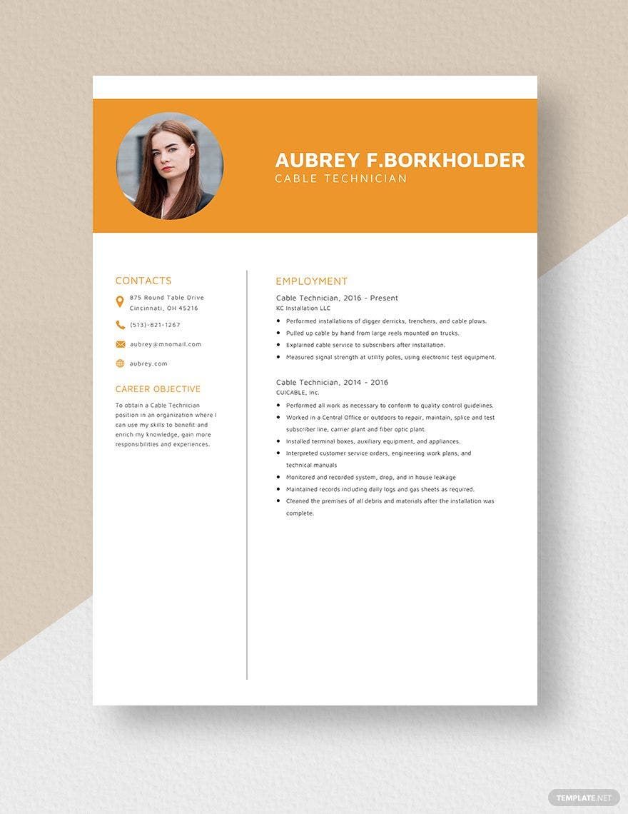 Free Cable Technician Resume Template