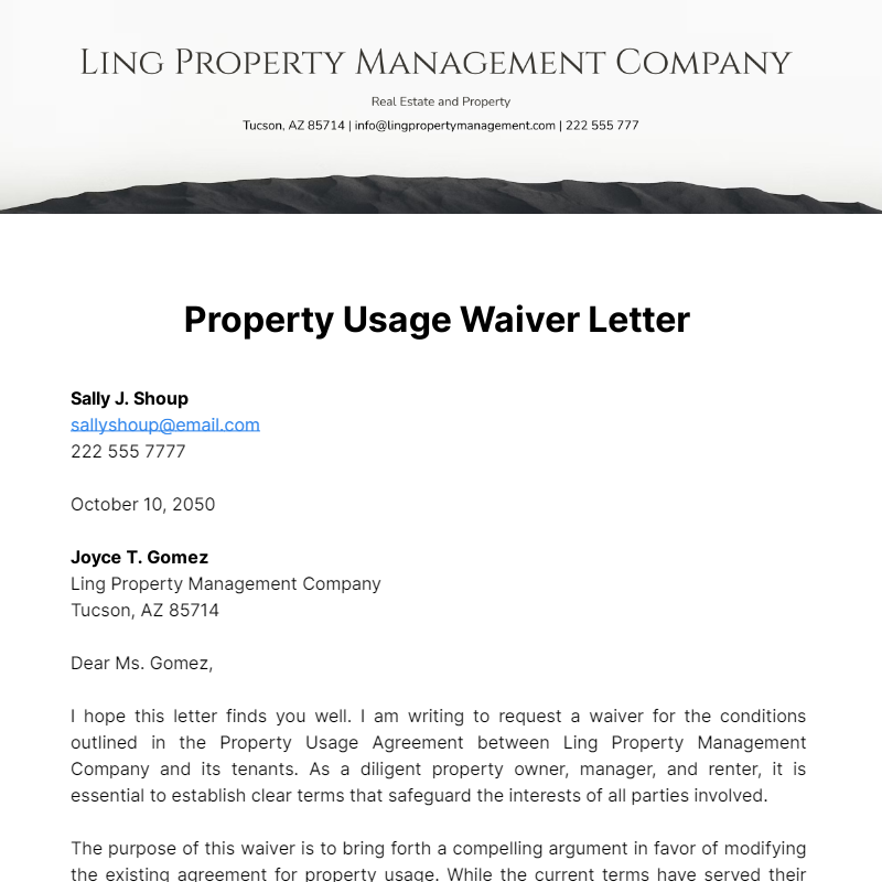 Free Property Usage Waiver Letter Template