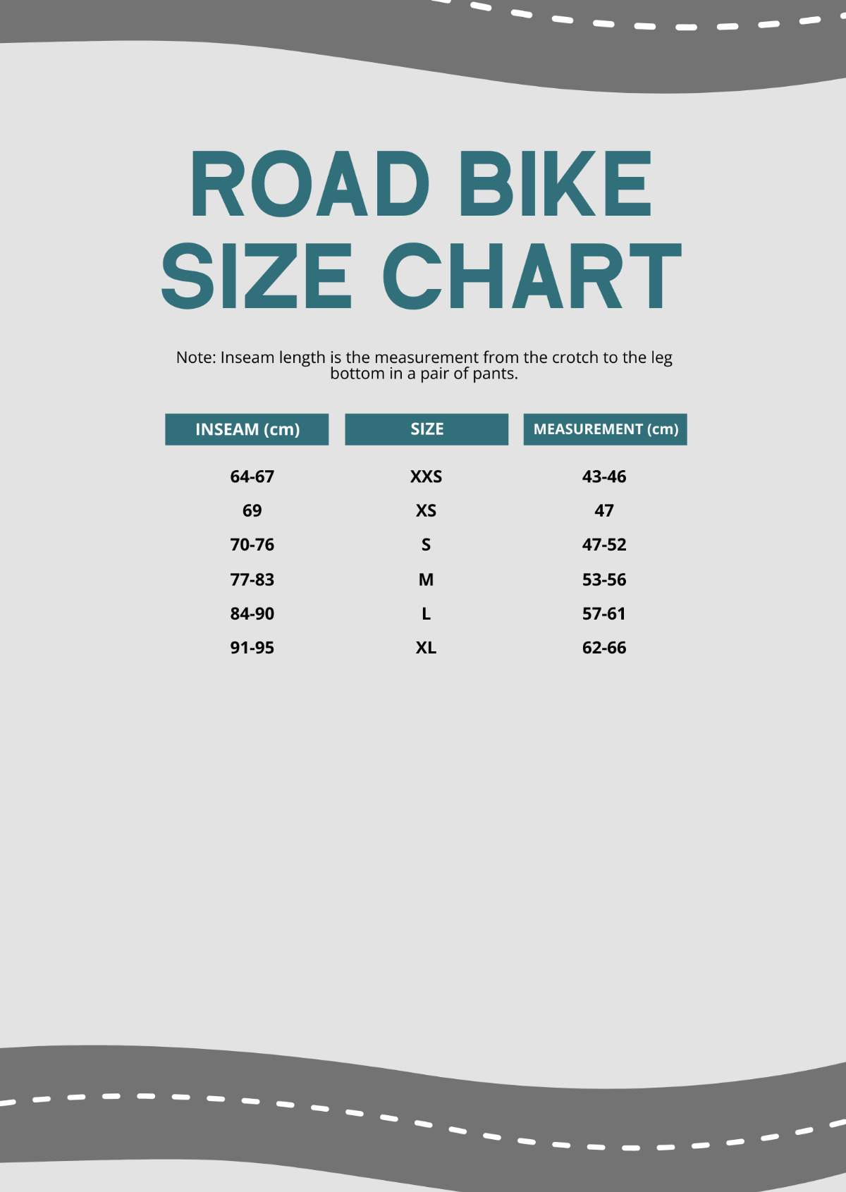 Free Road Bike Size Chart Template