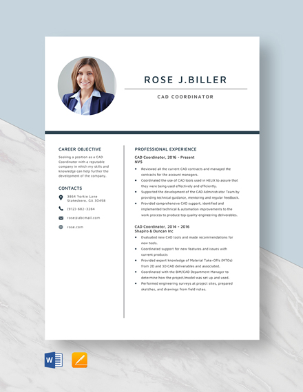 Free CAD Coordinator Resume Template - Word, Apple Pages