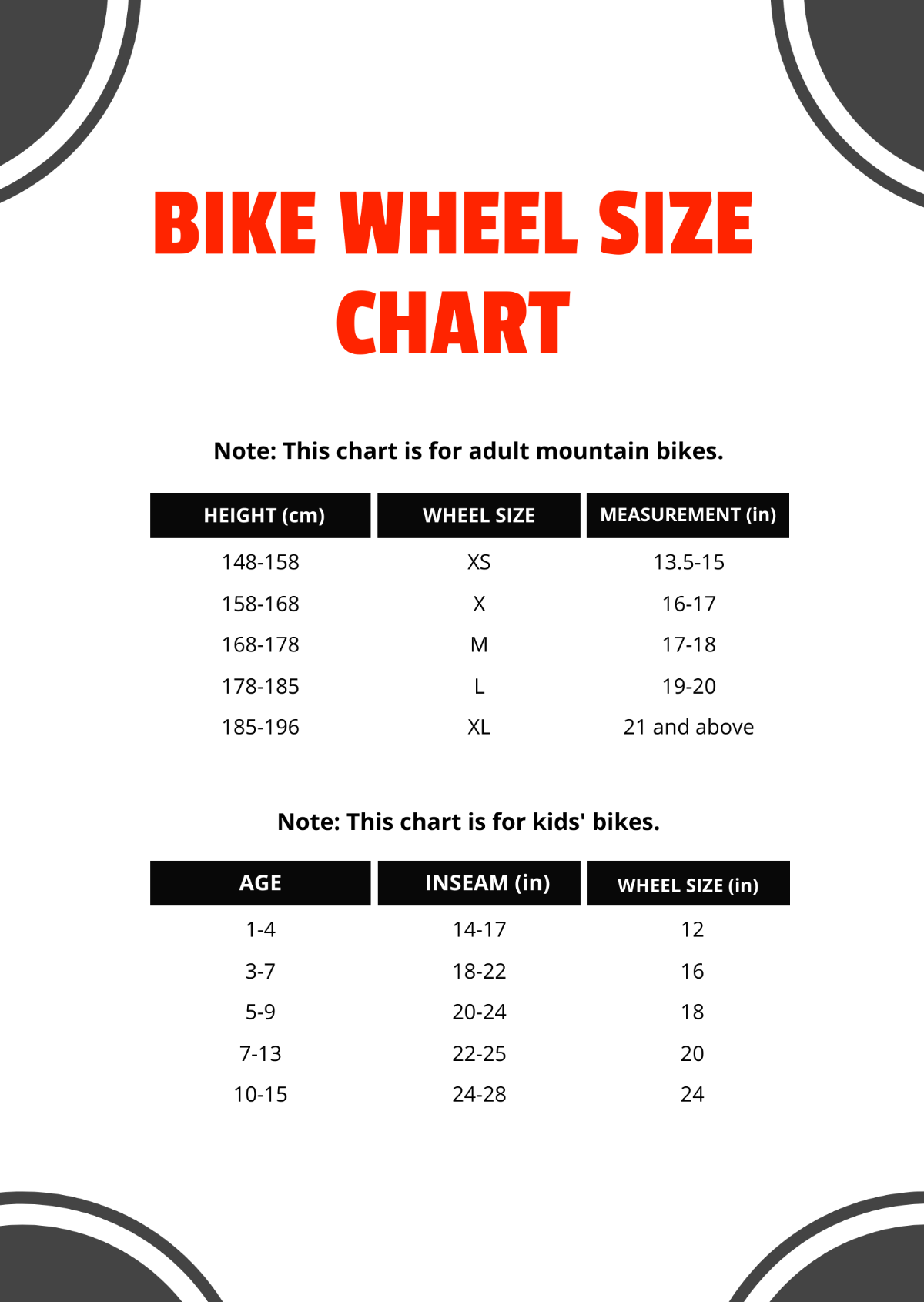 Free Bike Wheel Size Chart Template