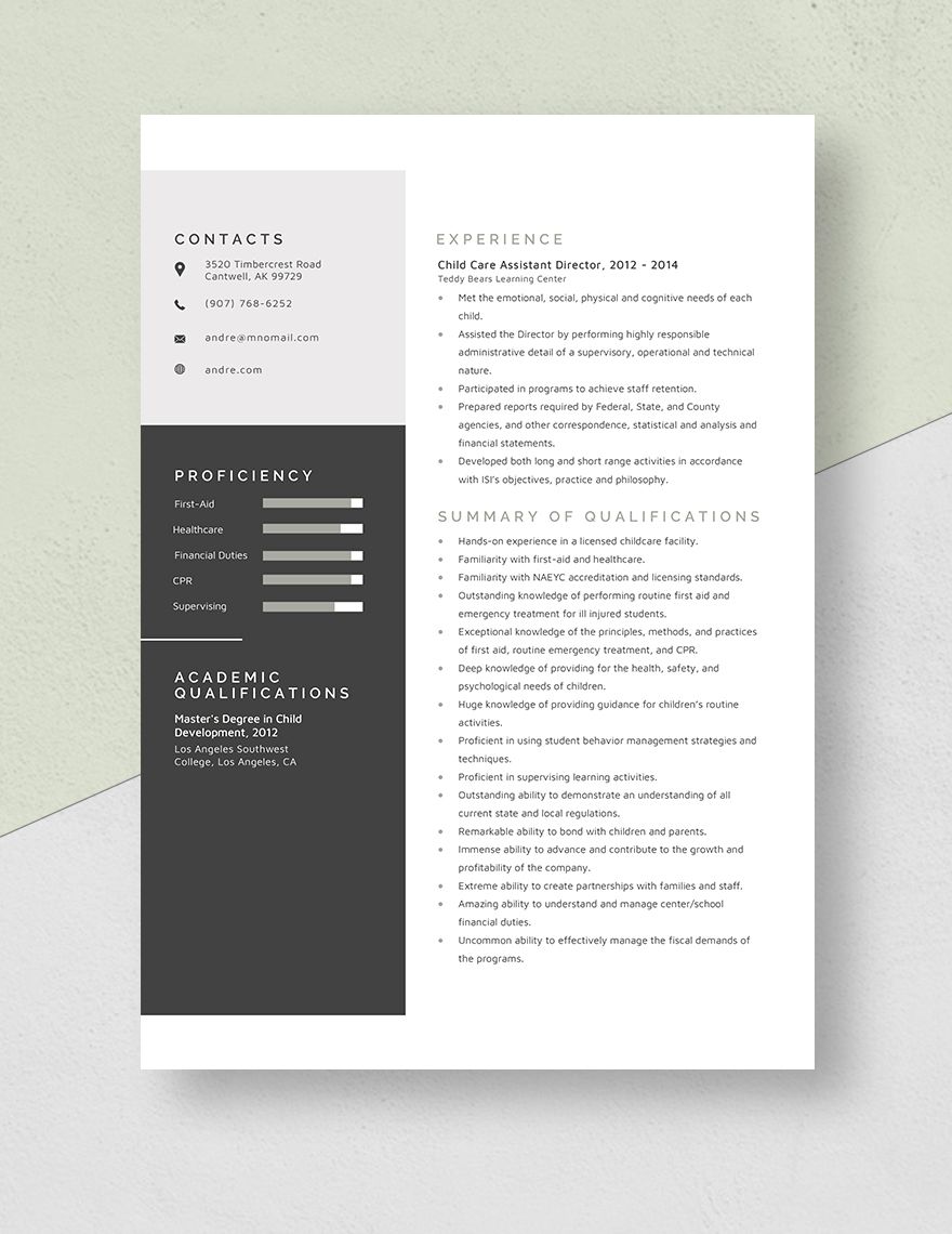 Free Child Care Assistant Director Resume Download In Word Apple 