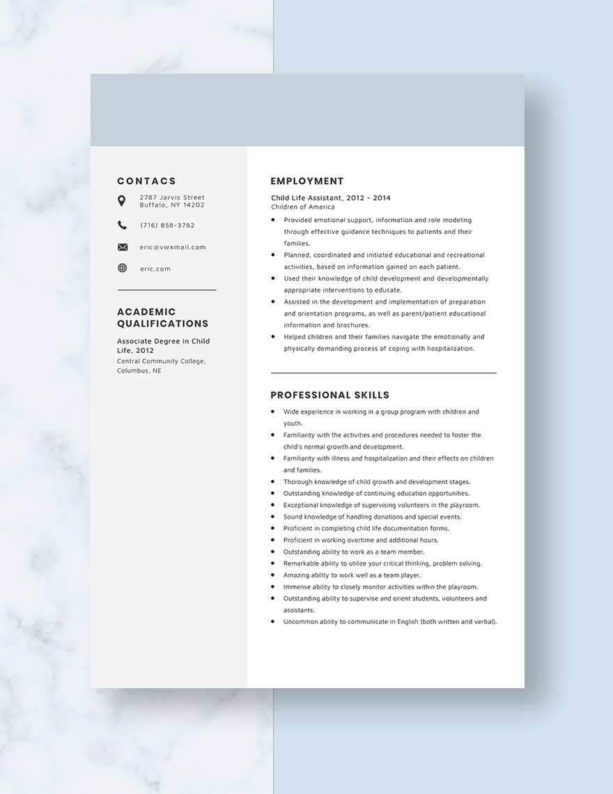 Child Life Assistant Resume