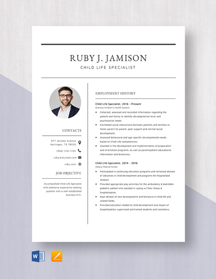 Free Child Life Specialist Resume Template - Word, Apple Pages