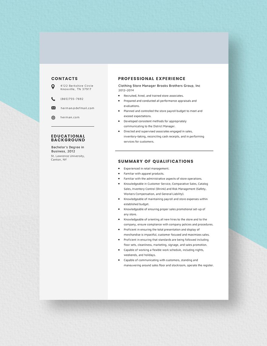 Clothing Store Manager Resume Word Apple Pages Template