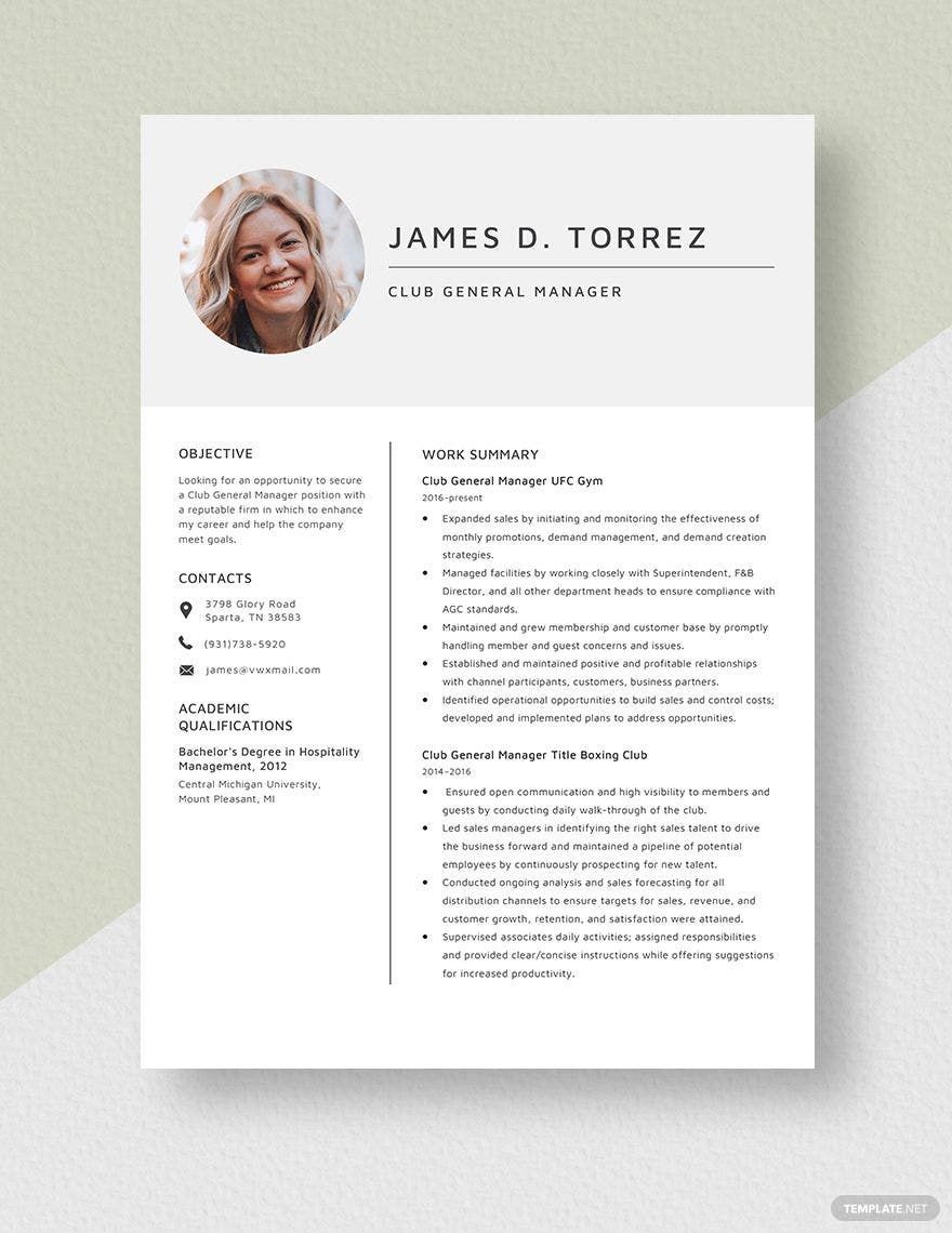 Club General Manager Resume Download In Word Apple Pages Template