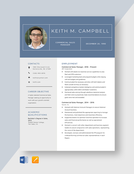 Commercial Sales Manager Resume Template - Word, Apple Pages | Template.net