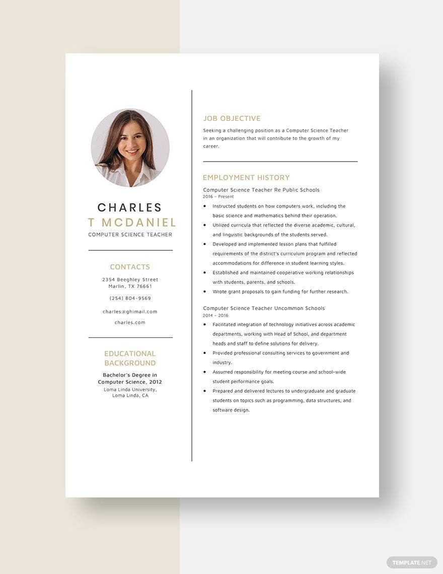 Computer Science Teacher Resume Template - Word, Apple Pages 