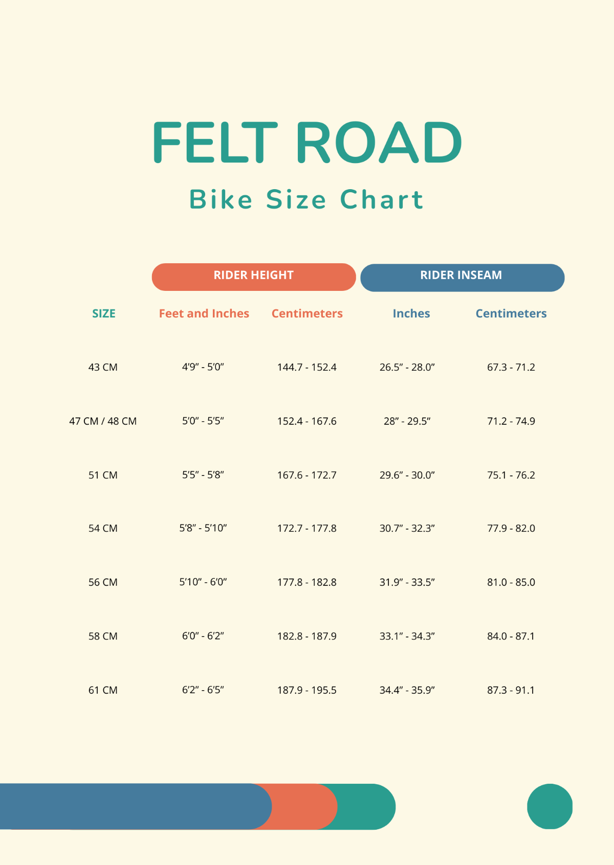 Free Felt Road Bike Size Chart Template
