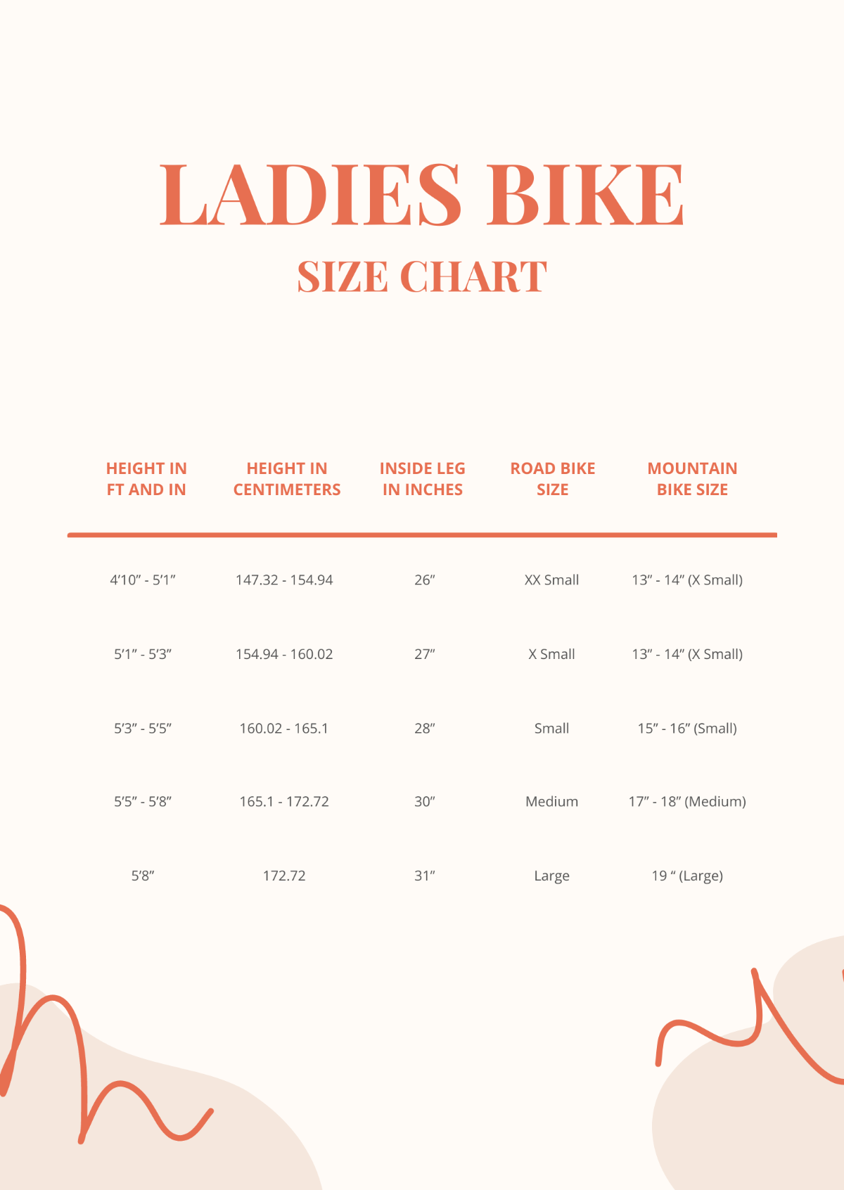 Free Ladies Bike Size Chart Template