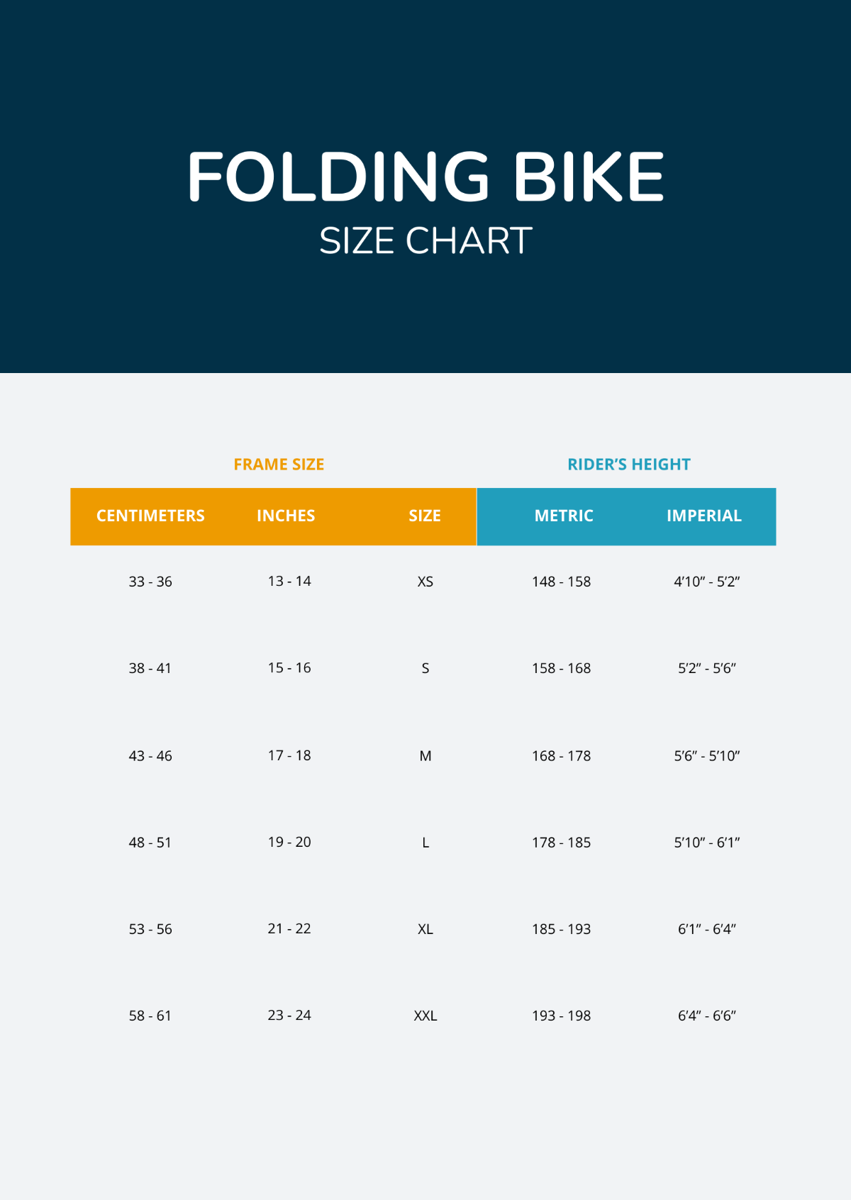 Folding Bike Size Chart Template