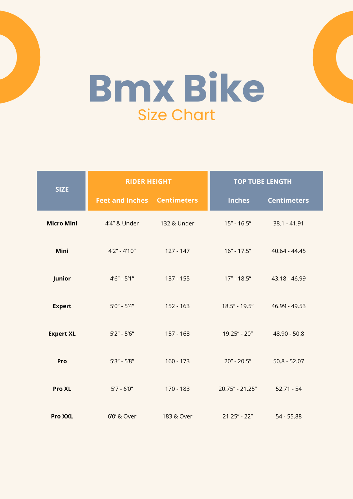 BMX Bike Size Chart Template