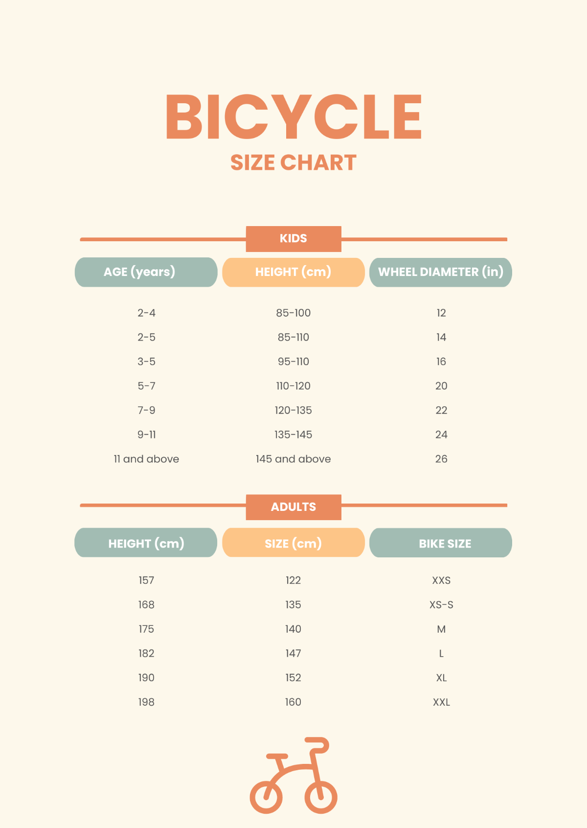 Free Bicycle Size Chart Template