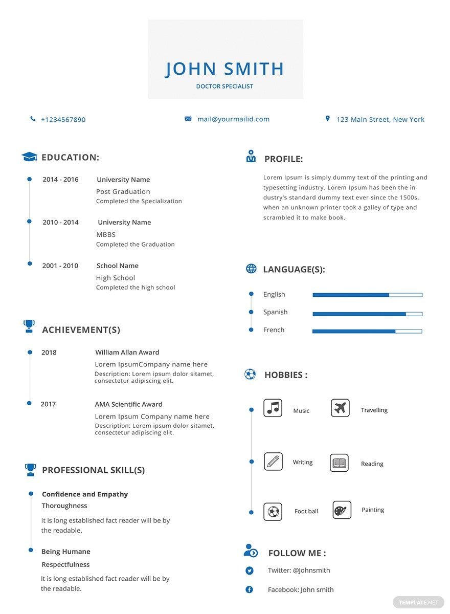 Simple Doctor Resume in Word, PSD, Apple Pages, InDesign
