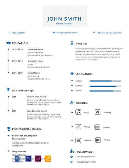 Simple Doctor Resume Template - InDesign, Word, Apple Pages, PSD