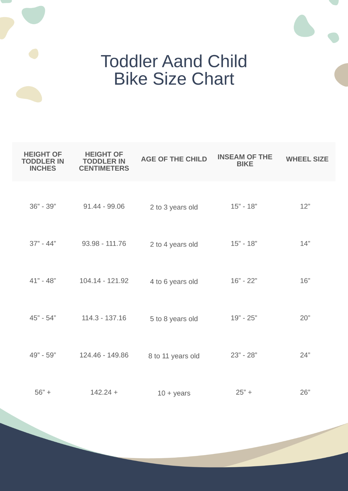 Toddler Bike Size Chart Template