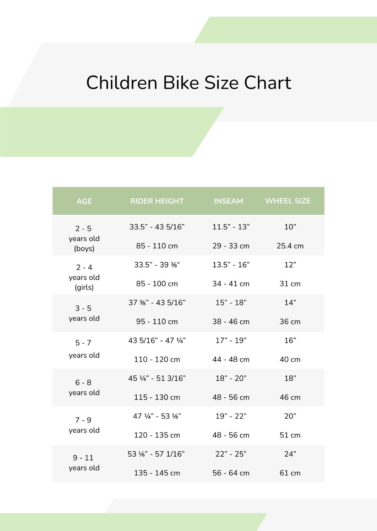 Children Bike Size Chart Template