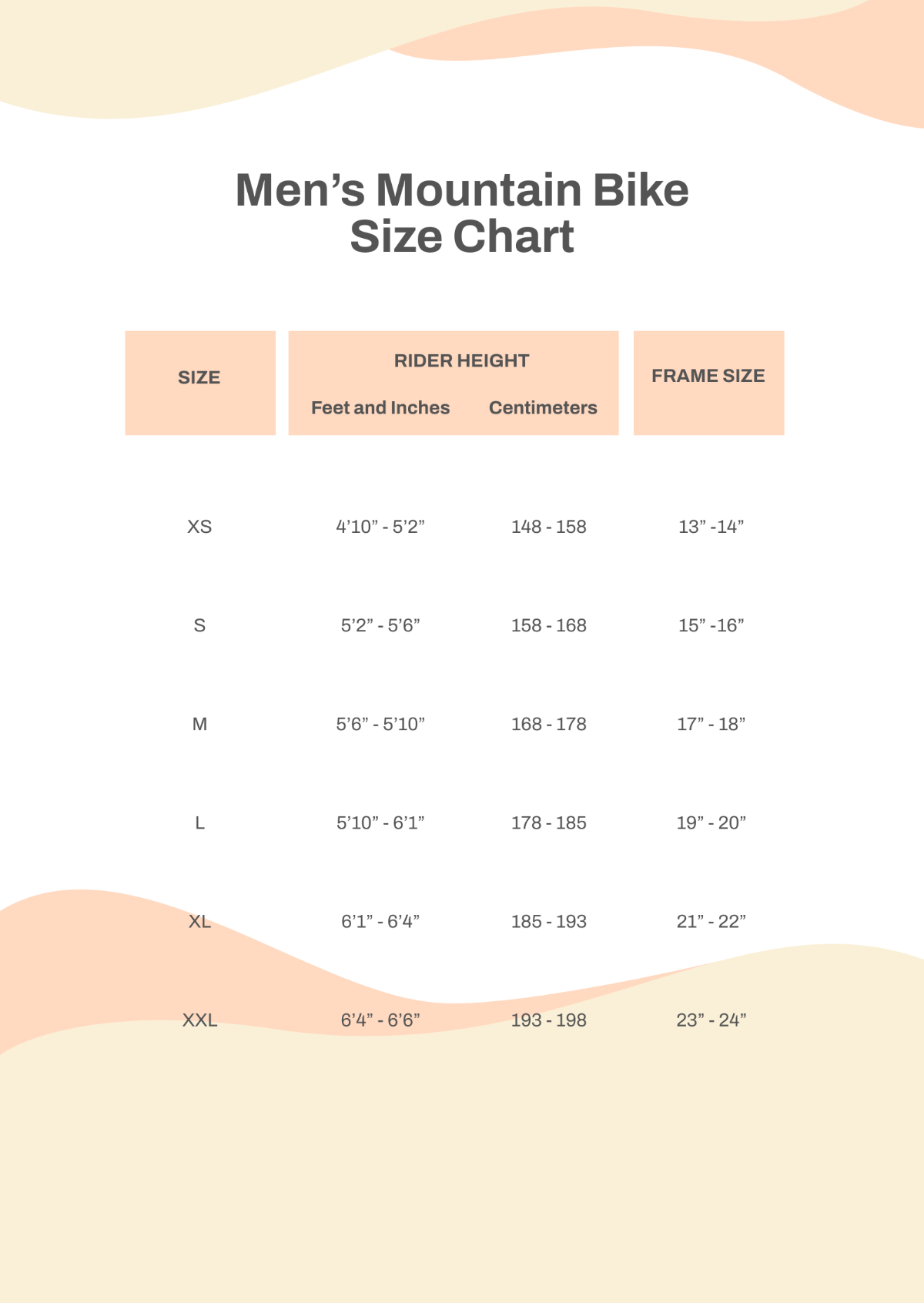 Men's Mountain Bike Size Chart Template