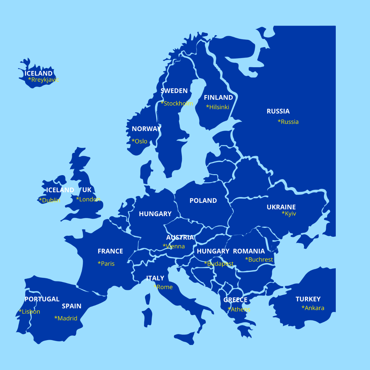 Free Europe Map Capitals Clipart Template
