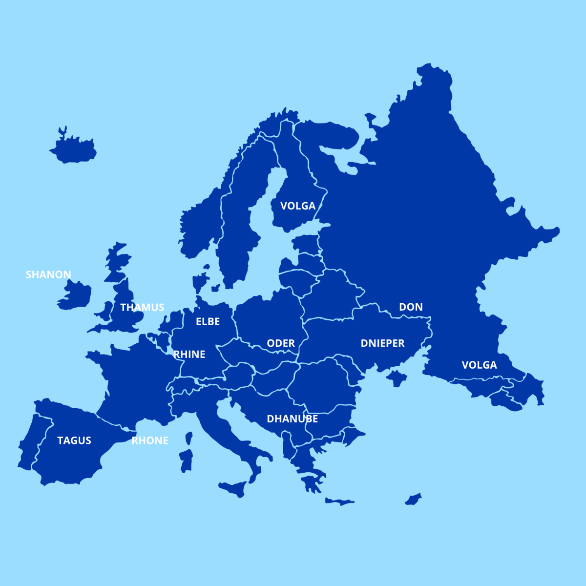 Europe Rivers Map Clipart Template