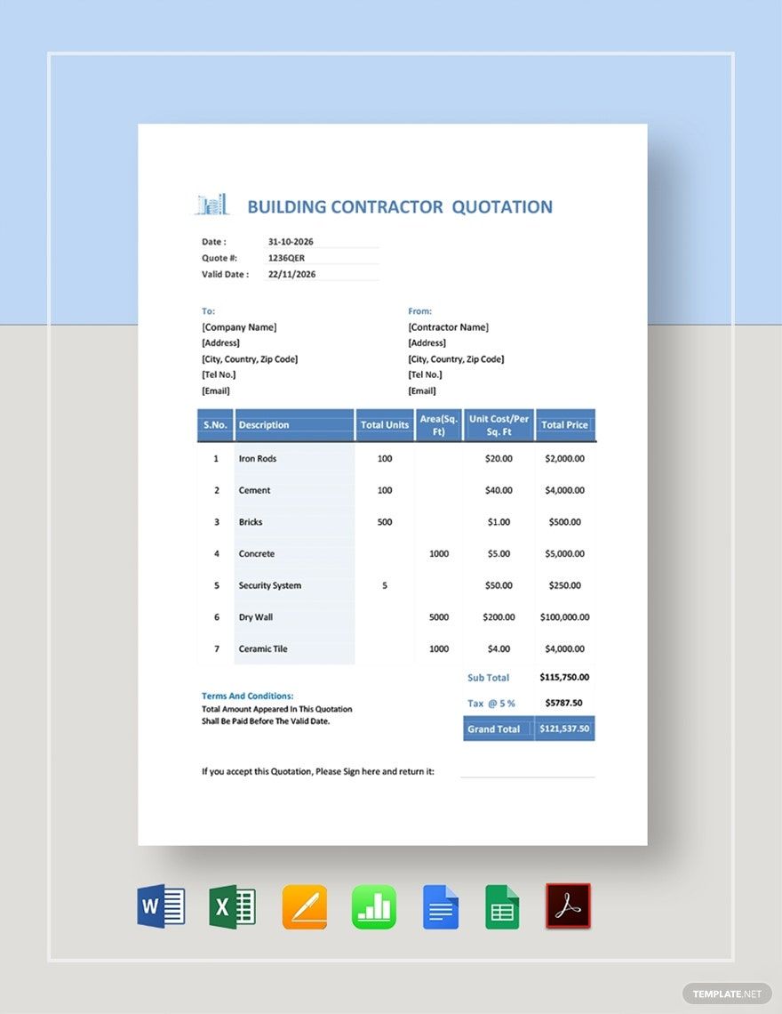 Building Contractor Quotation Template in Word, Google Docs, Excel, PDF, Google Sheets, Apple Pages, Apple Numbers