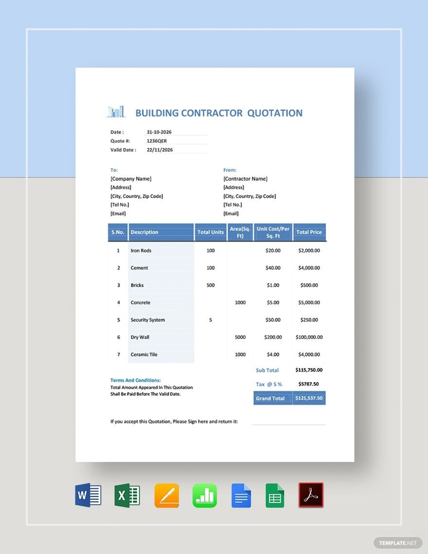 Building Contractor Quotation Template in Apple Numbers, Word, Excel, Pages, Google Sheets, PDF, Google Docs - Download | Template.net