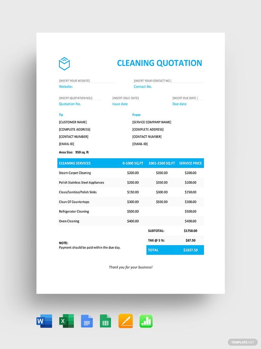 Cleaning Quotation Template in Word, Google Docs, Excel, Google Sheets, Apple Pages, Apple Numbers
