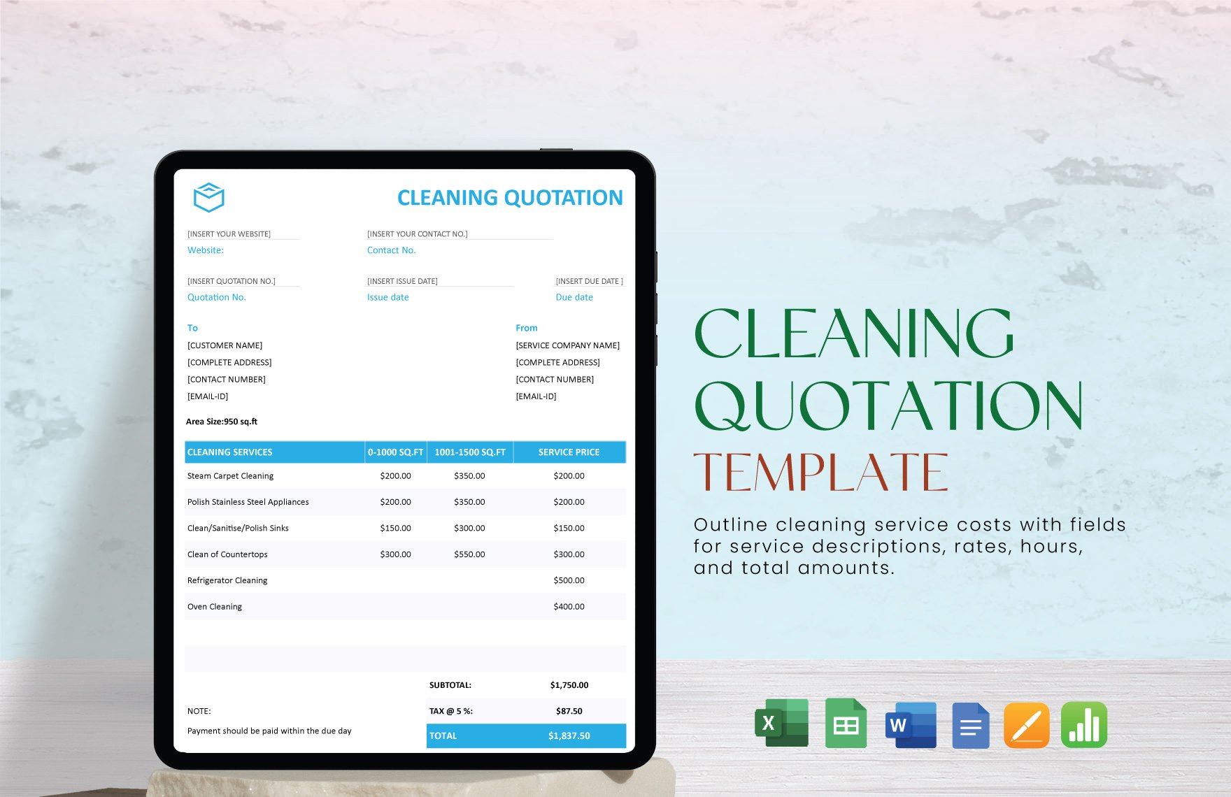 Cleaning Quotation Template in Word, Google Docs, Excel, Google Sheets, Apple Pages, Apple Numbers