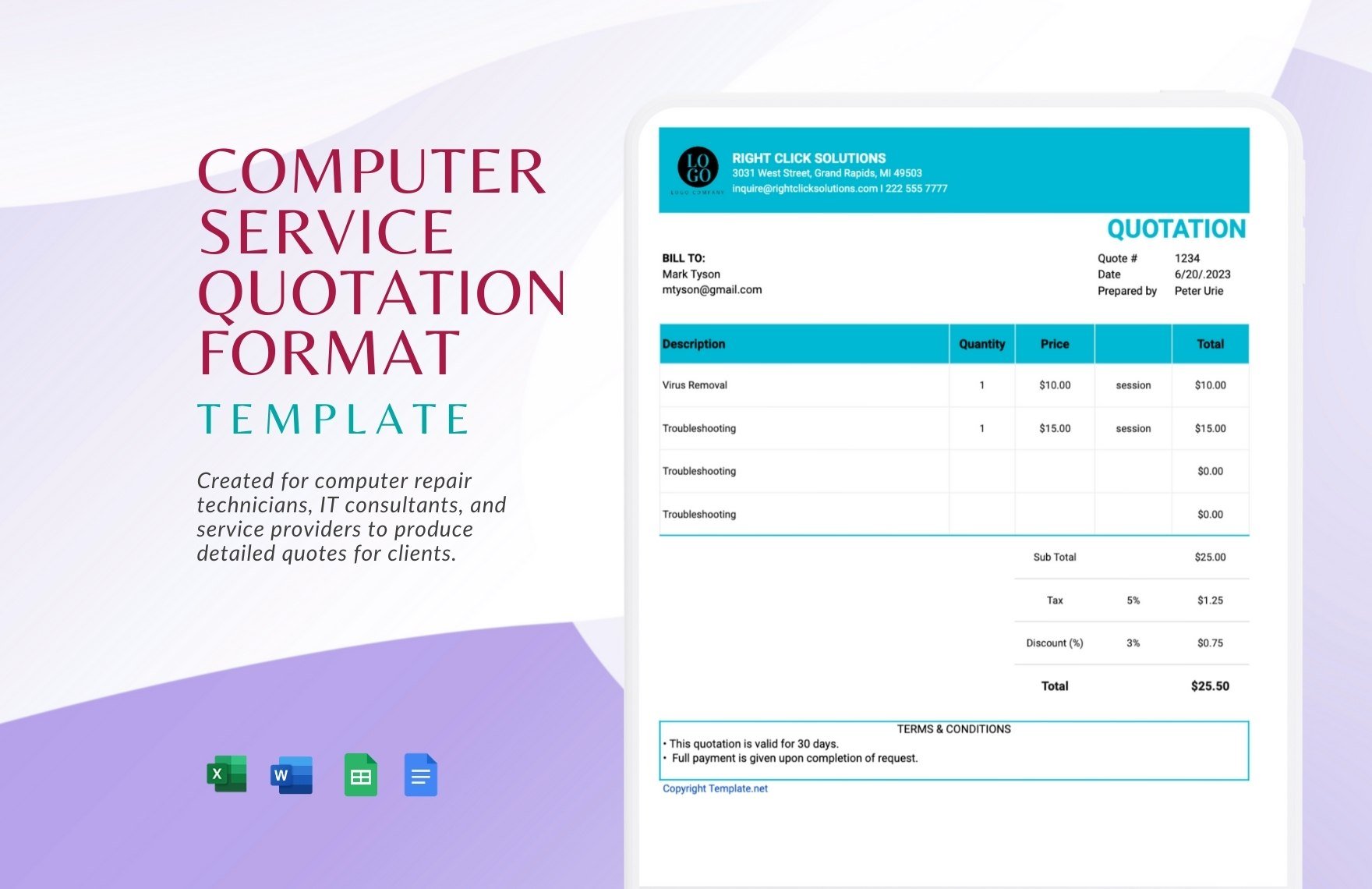 Computer Service Quotation Format Template in Word, Google Docs, Excel, Google Sheets