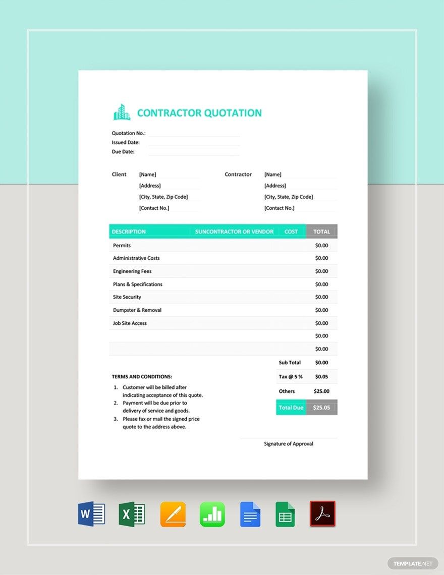 Contractor Quotation Template - Google Docs, Google Sheets, Excel, Word ...